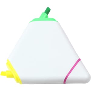 A triangular highlighter with green, yellow, and pink ends, featuring a white body and a logo.