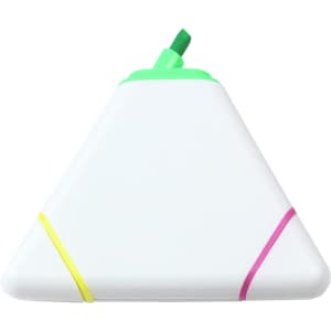 A triangular highlighter in white with green, yellow, and pink accents. It has a logo on one side.