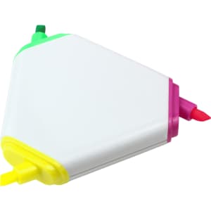 A triangular highlighter with pink, yellow, green, and orange tips, featuring a white body and a logo.