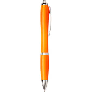 An orange ballpoint pen with silver accents and a clip, designed for writing with blue ink.
