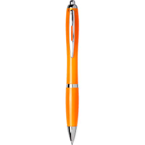 An orange ballpoint pen with chrome accents, featuring a clip and a smooth writing tip.