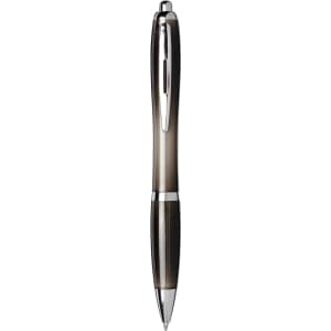 Nash Recycled PET ballpoint pen in grey with chrome accents, featuring blue ink and a branding logo.