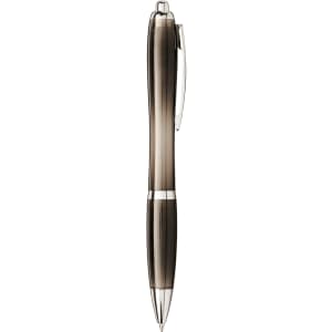 A ballpoint pen with a sleek grey design and silver accents, featuring a clip and a branding logo.