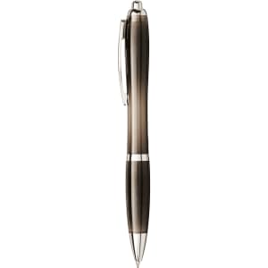 A ballpoint pen featuring a sleek design, a silver trim, and recycled materials. It uses blue ink.