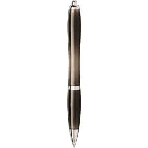 A black and silver ballpoint pen with a sleek design and a shiny finish, featuring a logo.
