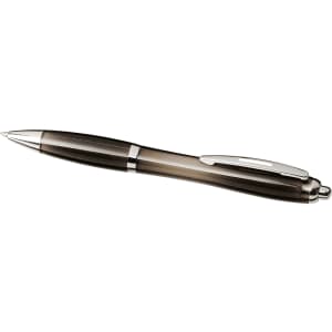 A plastic ballpoint pen with a grey translucent barrel and silver accents, featuring blue ink. It has a logo on its surface.