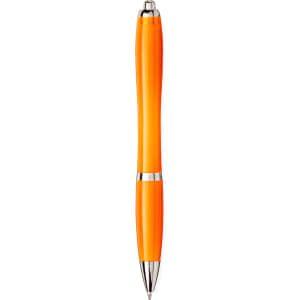 An orange ballpoint pen with a shiny silver trim and a logo on the barrel.