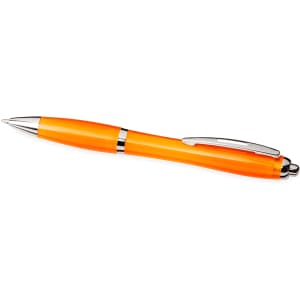 An orange ballpoint pen with a silver clip and accents, featuring a sleek design and a logo.