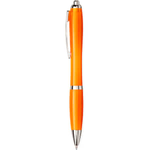 An orange ballpoint pen with silver accents and a clip, featuring a sleek design and a branding logo.