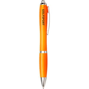 An orange ballpoint pen with a silver clip and a logo on the barrel.