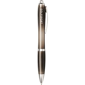 A ballpoint pen in a gradient of grey tones with a silver clip and a logo on the barrel.