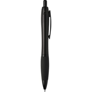 A black pen with a smooth finish and a grip section. It features a clip and has a logo on the body.