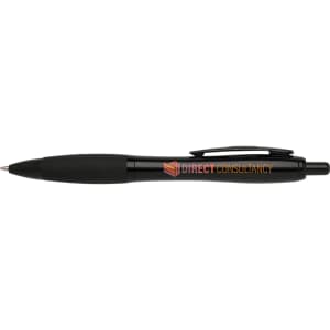 A black recycled pen featuring a clip for easy attachment and a logo.
