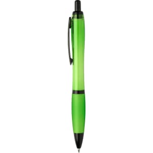 A green recycled pen with a black clip and accents, featuring a sleek design and branding logo.