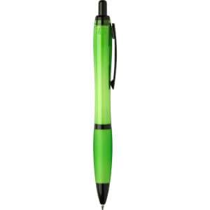 A green pen with a black clip and tip, featuring a logo on the barrel.