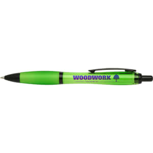 A green pen with a transparent body and a branding logo on the side.