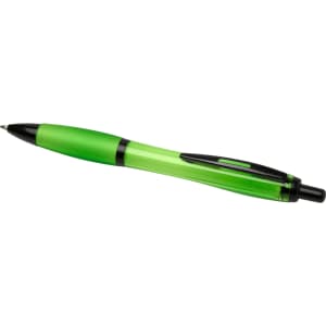 A green pen with black accents and a clear barrel, featuring a logo on its side.