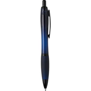 A recycled black pen featuring a sleek blue gradient design and a clip for easy attachment.