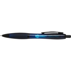 A black pen with a blue band and a logo on the barrel.