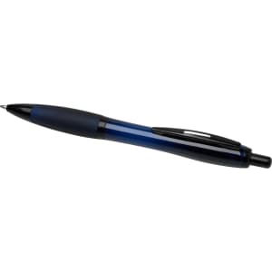 A black and blue pen with a sleek design and a logo on the barrel.