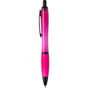 A pink and black pen with a translucent design and a sleek clip, featuring a logo.