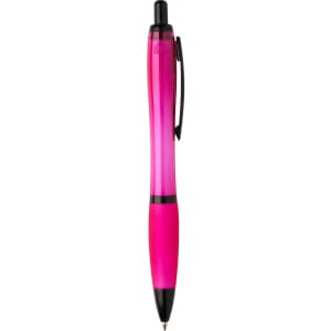 A pink pen with a black tip and clip, featuring a logo on its barrel.
