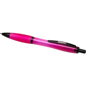 A pink pen with a transparent barrel and black accents. It features a clip and has a logo.