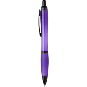A purple pen with black accents, featuring a clip and a smooth grip. It has a branding logo on it.