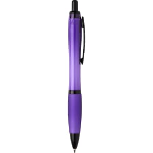 A purple pen with a black clip and bottom grip, featuring a logo on its surface.