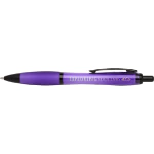 A purple pen with a black clip and a branding logo. The design features a sleek body for comfortable writing.
