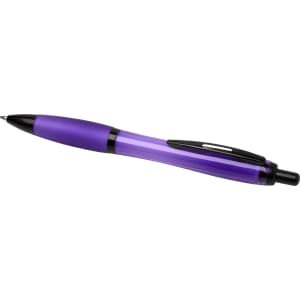 A purple pen with a transparent barrel and black accents, featuring a clip and a ballpoint tip.