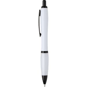 A black and white recycled pen with a smooth finish and a clip for attachment. It features a logo on the barrel.