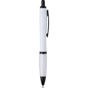 A black and white pen with a translucent barrel and a black clip, featuring a logo on the body.