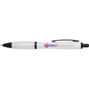 A black and white pen featuring a logo, with a sleek design for writing.