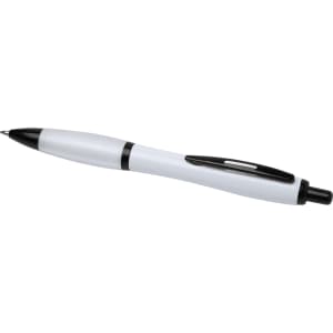 A recycled black pen with a white barrel and black accents, featuring a click mechanism and a logo.