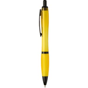 A pen featuring a transparent yellow barrel and black accents, complete with a clip and a logo.