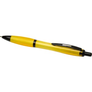 A black and yellow pen with a transparent barrel and a clip. It features a brand logo.