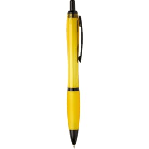 A yellow pen with a black clip and tip, featuring a logo on its body.