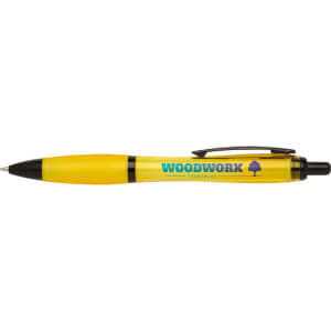 A yellow pen with a transparent barrel and a black tip, featuring a logo and the word "WOODWORK."