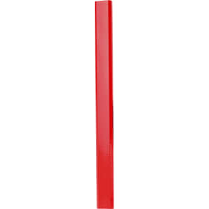 A red carpenter's pencil with a rectangular shape and smooth surface, featuring a logo on one side.