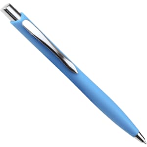 A blue ballpoint pen with a sleek design and a shiny clip. It features a smooth grip for comfortable writing.