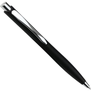 A black ballpoint pen with a click action and a silver clip, featuring a sleek, modern design.
