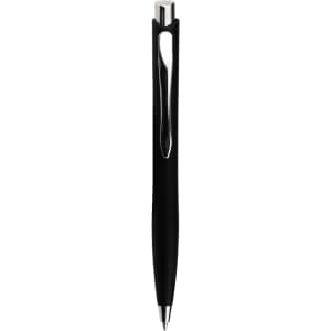 A black ballpoint pen with a sleek design and a silver clip, featuring a logo on the barrel.