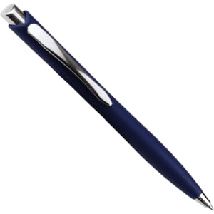 A navy blue ballpoint pen with a chrome clip and a click action mechanism. It features a sleek, smooth design and a logo.
