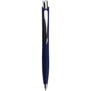 A navy ballpoint pen with a sleek design and a silver clip, featuring a logo.