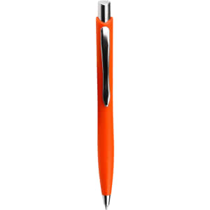 An orange click action ballpoint pen with a shiny silver clip and a smooth design.