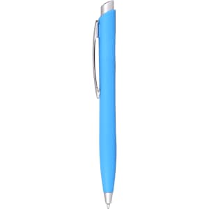 A blue ballpoint pen with a silver clip and a smooth finish, featuring a simple design.