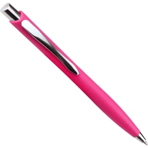A pink ballpoint pen with a sleek design and a chrome clip. The pen features a click action mechanism.