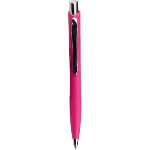 A pink ballpoint pen with a shiny silver clip and a sleek design, featuring a branding logo.