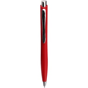 A red ballpoint pen with a sleek design and a silver clip, featuring a logo on the body.